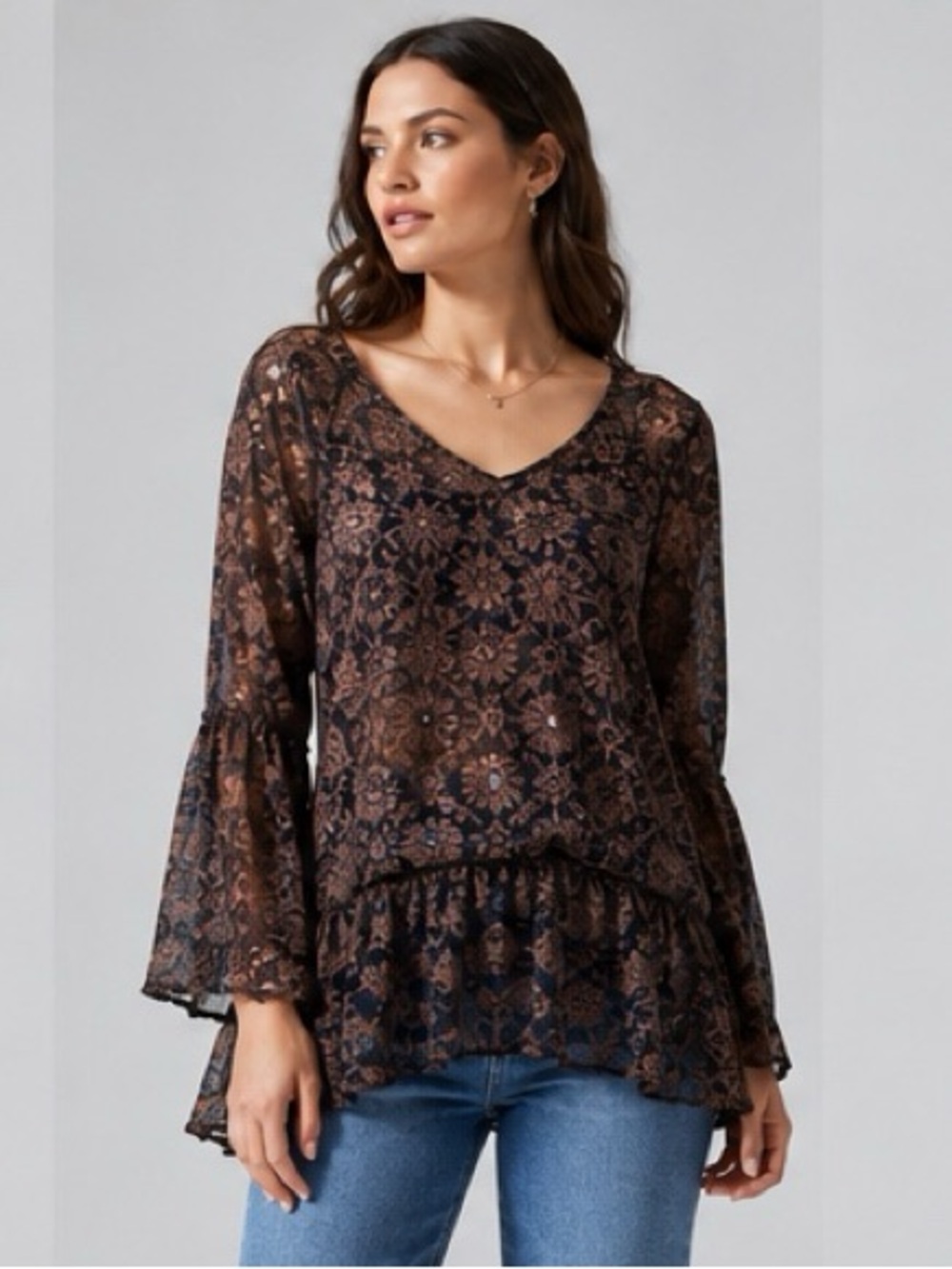 Blu Pepper Sheer Paisley Ruffle-Hem boho Blouse